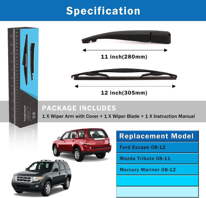 WTI Rear Wiper Arm Blade Set Compatible With Ford Escape 2008-2012 / Compatible With Mazda Tribute 2008-2011 / Compatible With Mercury Mariner 2008-2012 SUV Rear Windshield Window Wiper Kits - Image 5